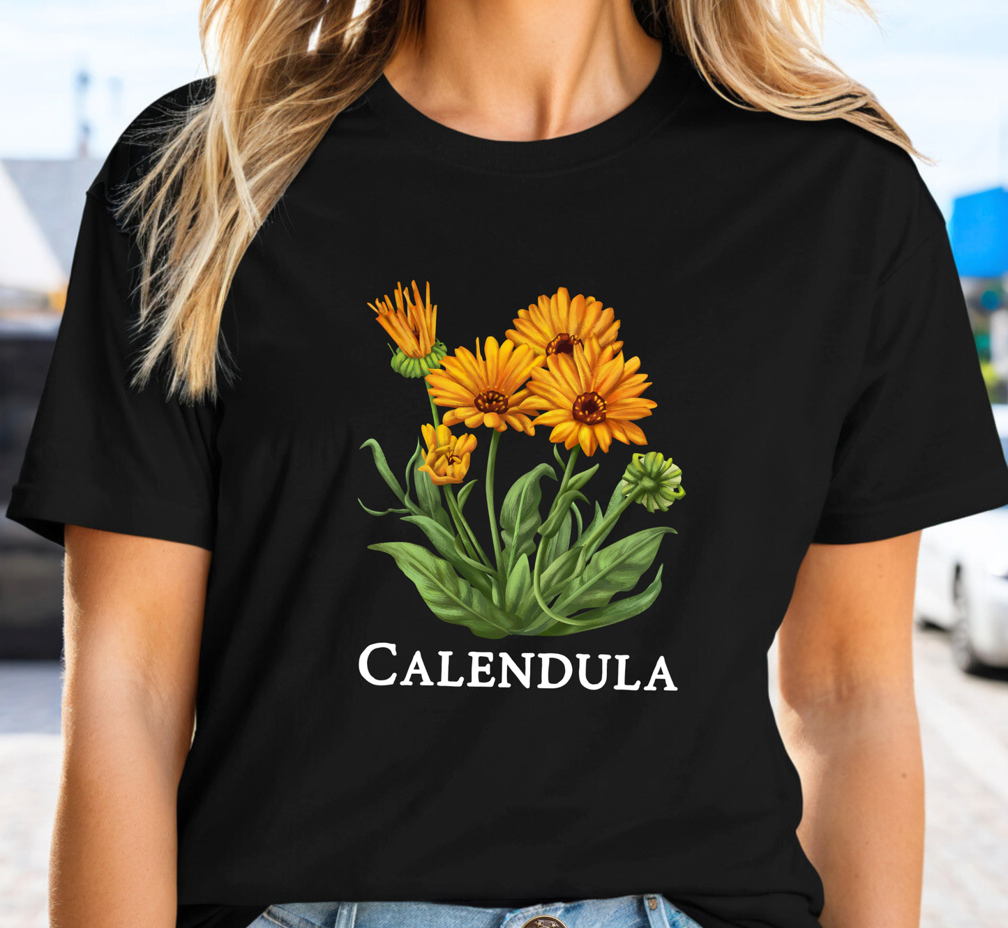 Calendula  Flower Tee, Orange Floral T-Shirt, Garden Lover Tee, Flower Gardening Tee