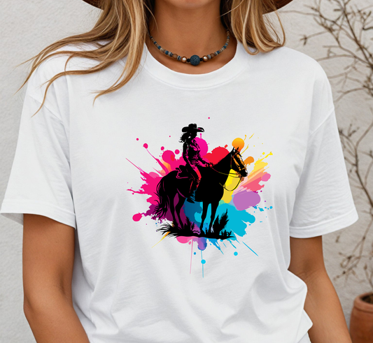 Cowgirl Silhouette T-Shirt, Horse Riding Shirt, Paint Splatter Western Tee