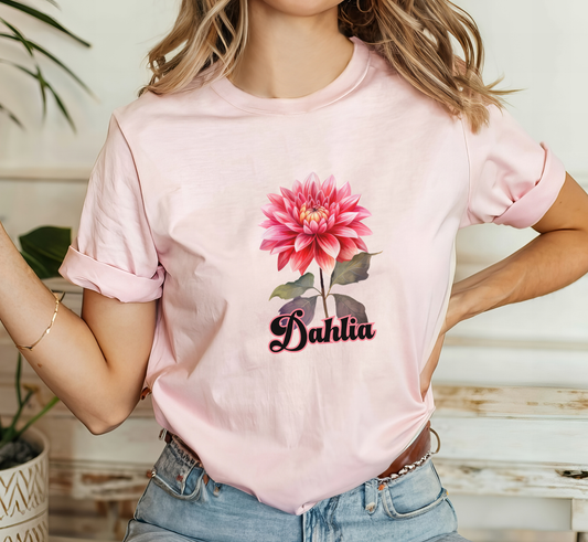 Dahlia Flower T-Shirt, Pink Dahlia Floral Tee, Flower Lover Shirt, Flower Gardener Shirt
