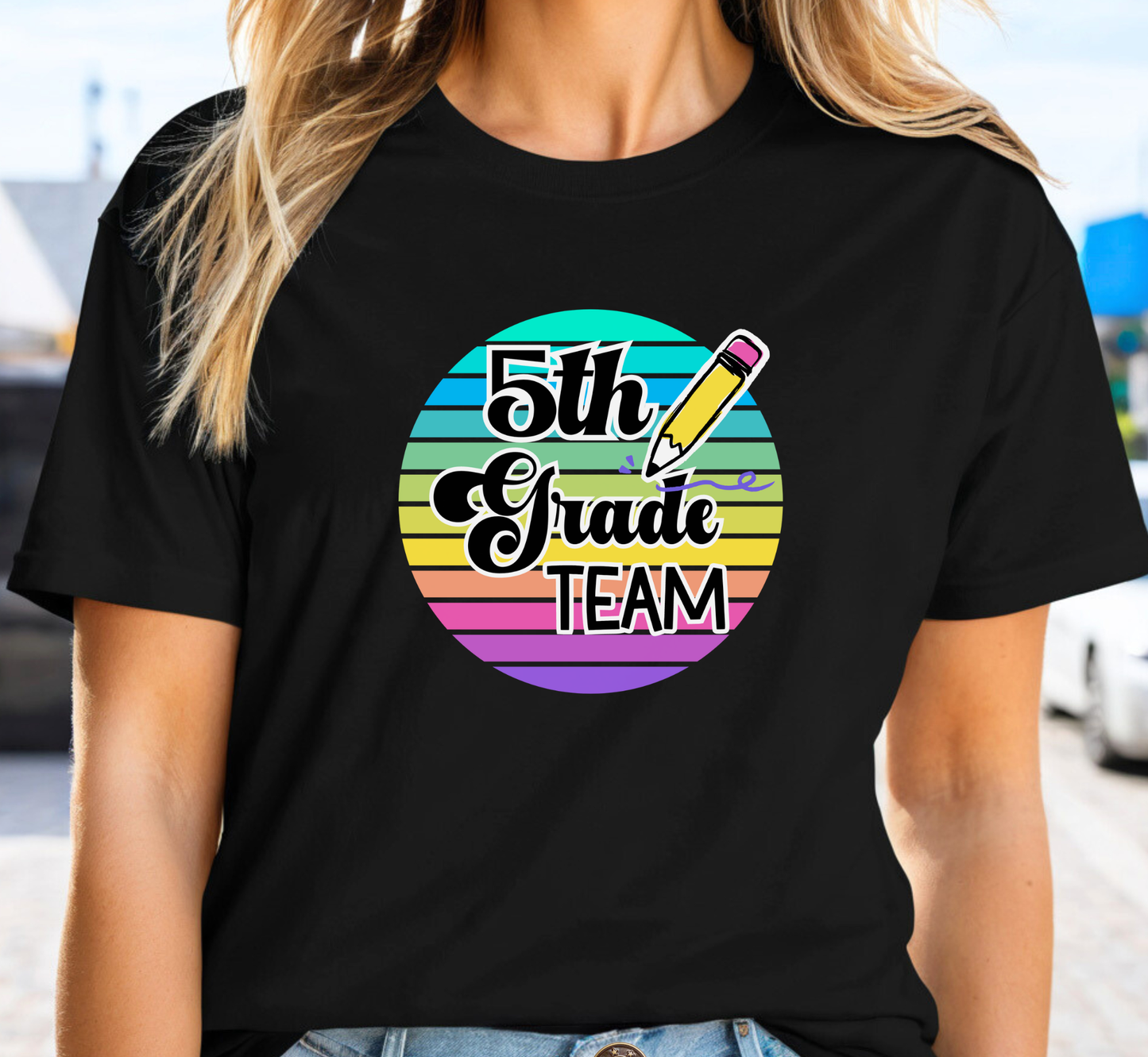 Retro Rainbow Fifth Grade Team Tee, 5th Grade Teacher Shirt, Grade Level Team T-Shirt