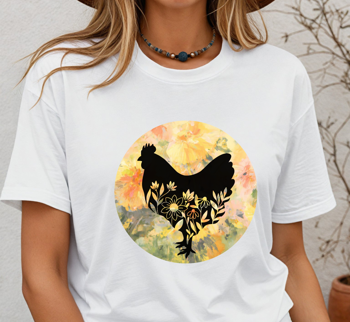 Floral Chicken Silhouette T-Shirt, Chicken Lover Tee, Flower Lover