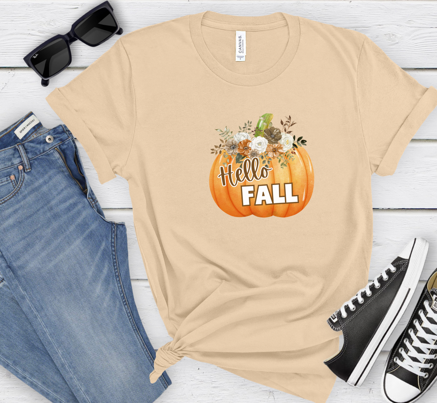Hello Fall Floral Pumpkin T-Shirt, Fall Flower Arrangement Tee, Fall Lover, Autumn Lover