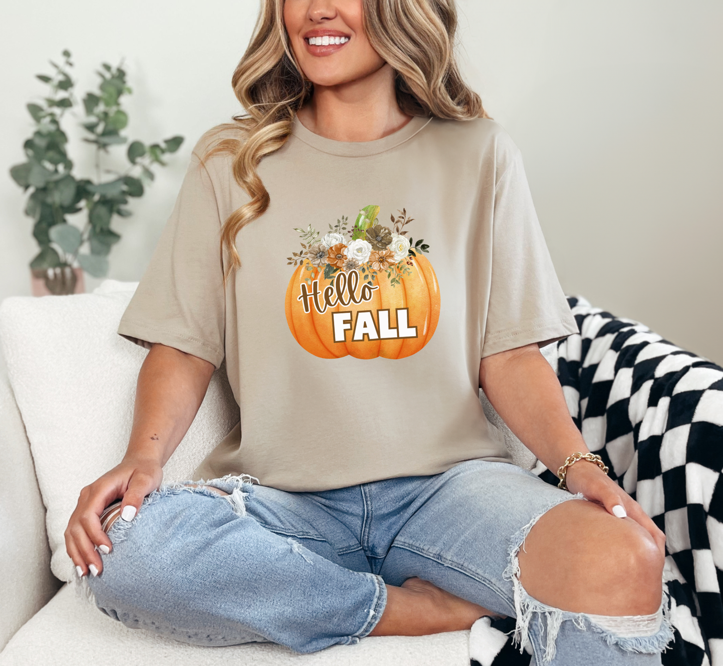 Hello Fall Floral Pumpkin T-Shirt, Fall Flower Arrangement Tee, Fall Lover, Autumn Lover
