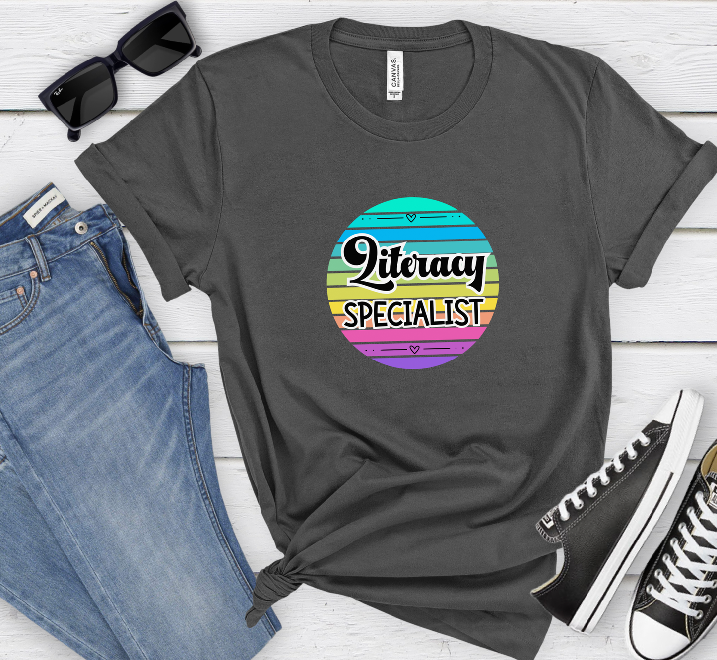 Retro Rainbow Literacy Specialist Tee, School Specialists T-Shirt