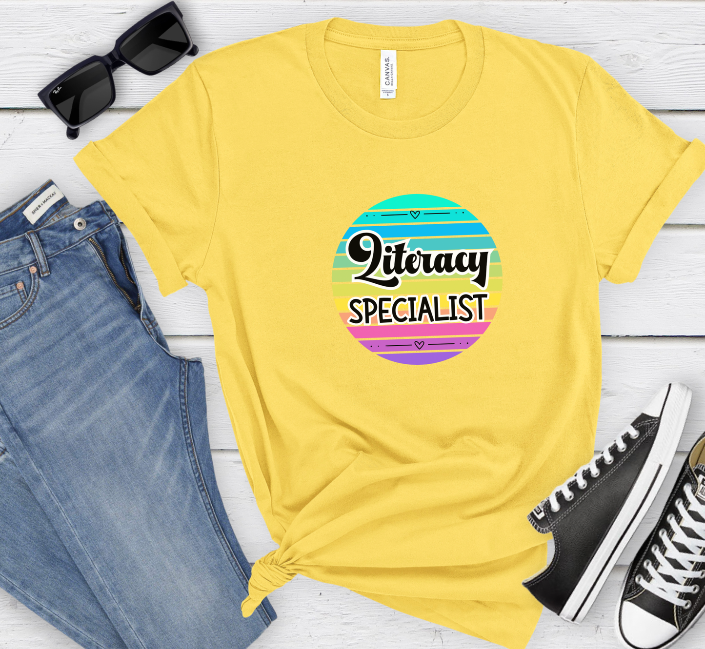 Retro Rainbow Literacy Specialist Tee, School Specialists T-Shirt