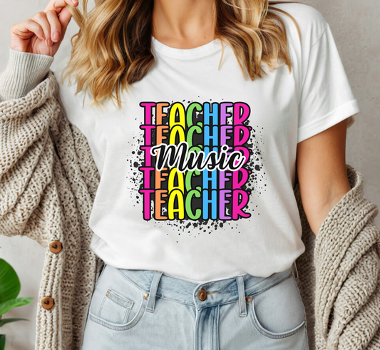 Music Teacher Rainbow Paint Splatter Tee, Teacher Specialist Shirt, Teacher Gift