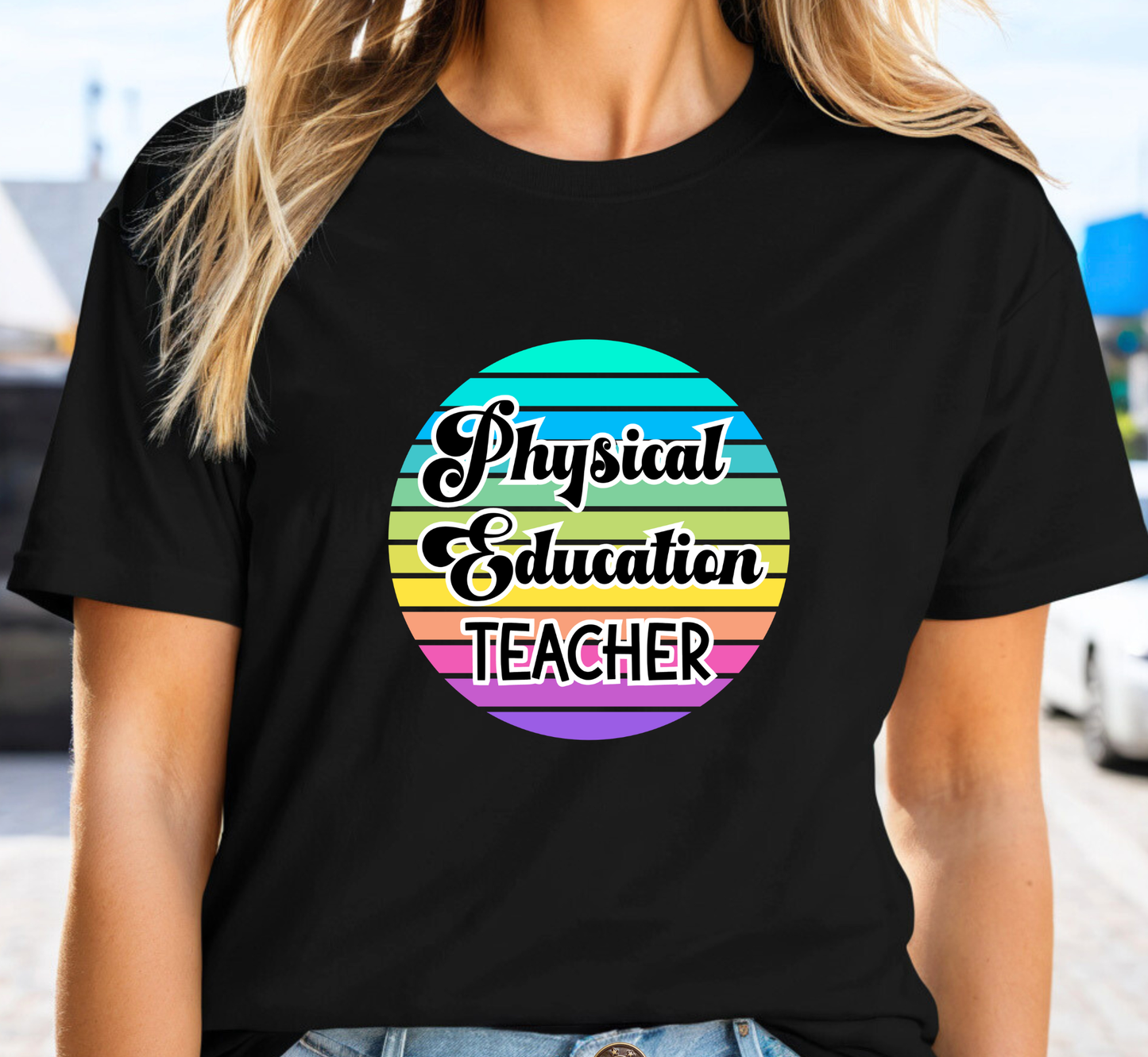 Retro Rainbow Physical Education Teacher Tee, Elementary PE Teacher T-Shirt, Middle School, High School
