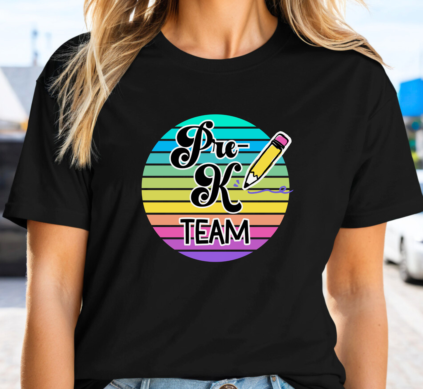 Retro Rainbow Pre-K Team Tee, Preschool Teacher Shirt, Grade Level Team T-Shirt