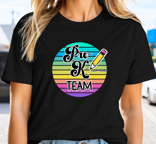 Retro Rainbow Pre-K Team Tee, Preschool Teacher Shirt, Grade Level Team T-Shirt