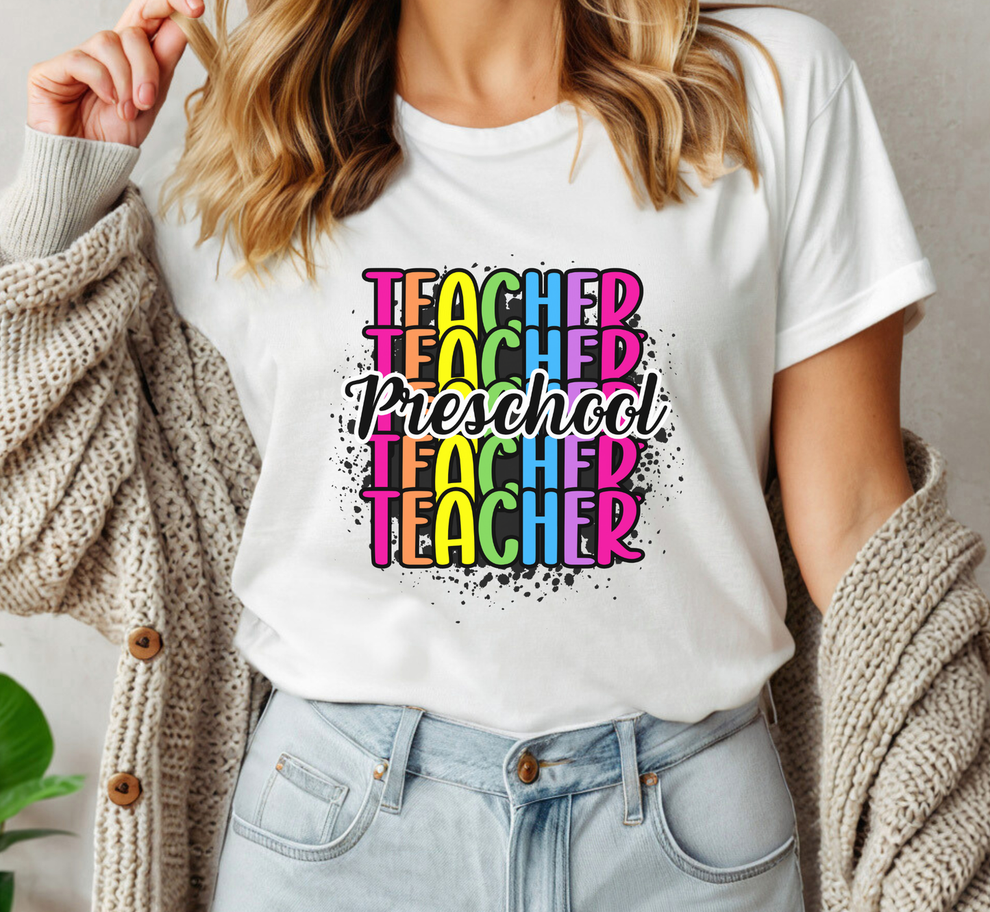 Preschool Teacher Rainbow Paint Splatter Tee, Pre-K Teacher T-Shirt, Grade Level Tee, Teacher Gift