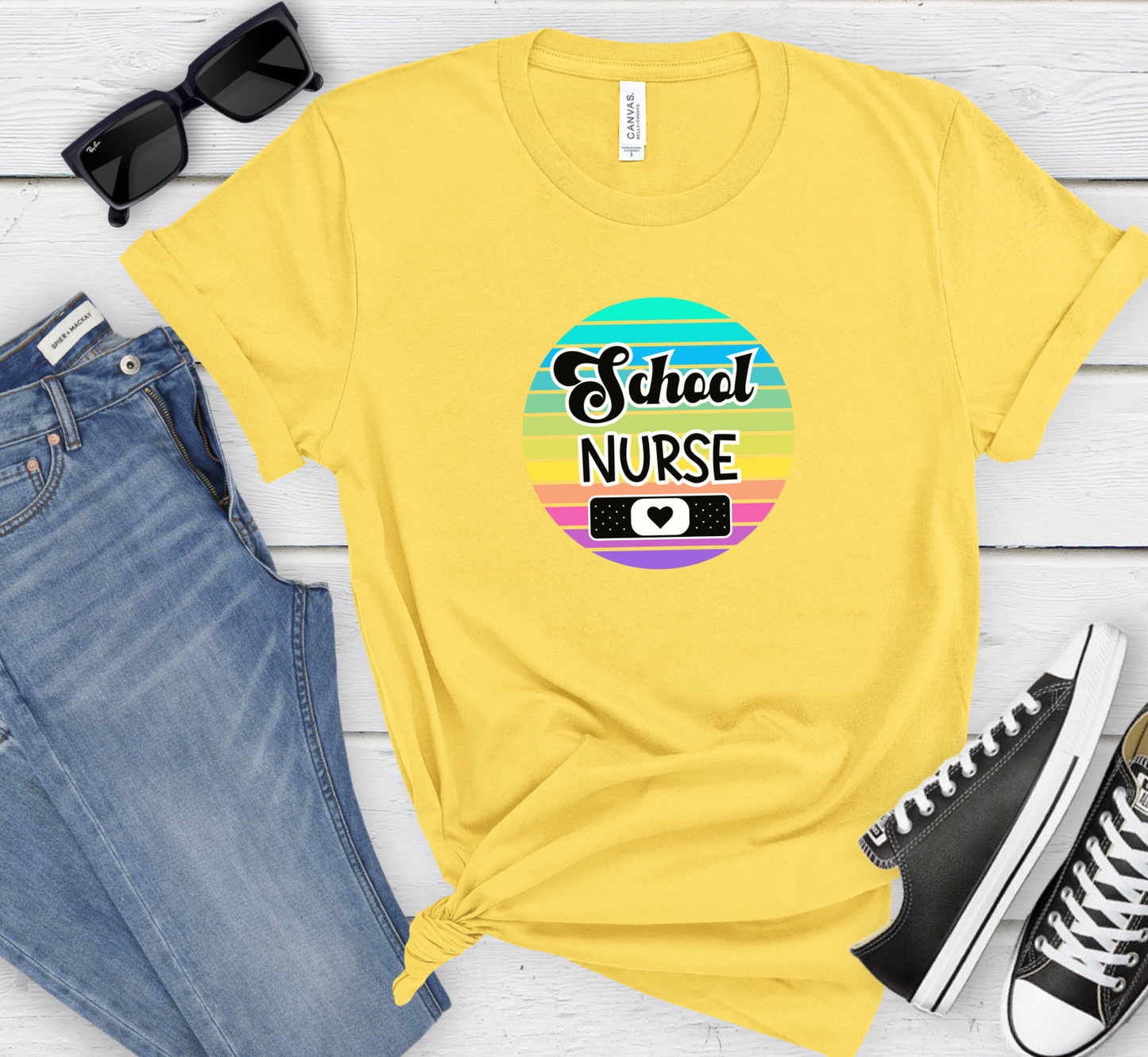 Retro Rainbow School Nurse Tee, Elementary School Nurse, Middle School, High School, K-12