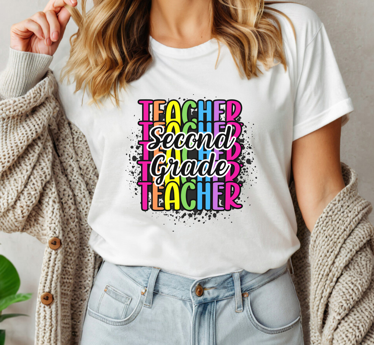 Second Grade Teacher Rainbow Paint Splatter T-Shirt, 2nd Grade Teacher Tee, Grade Level Tee, Teacher Gift