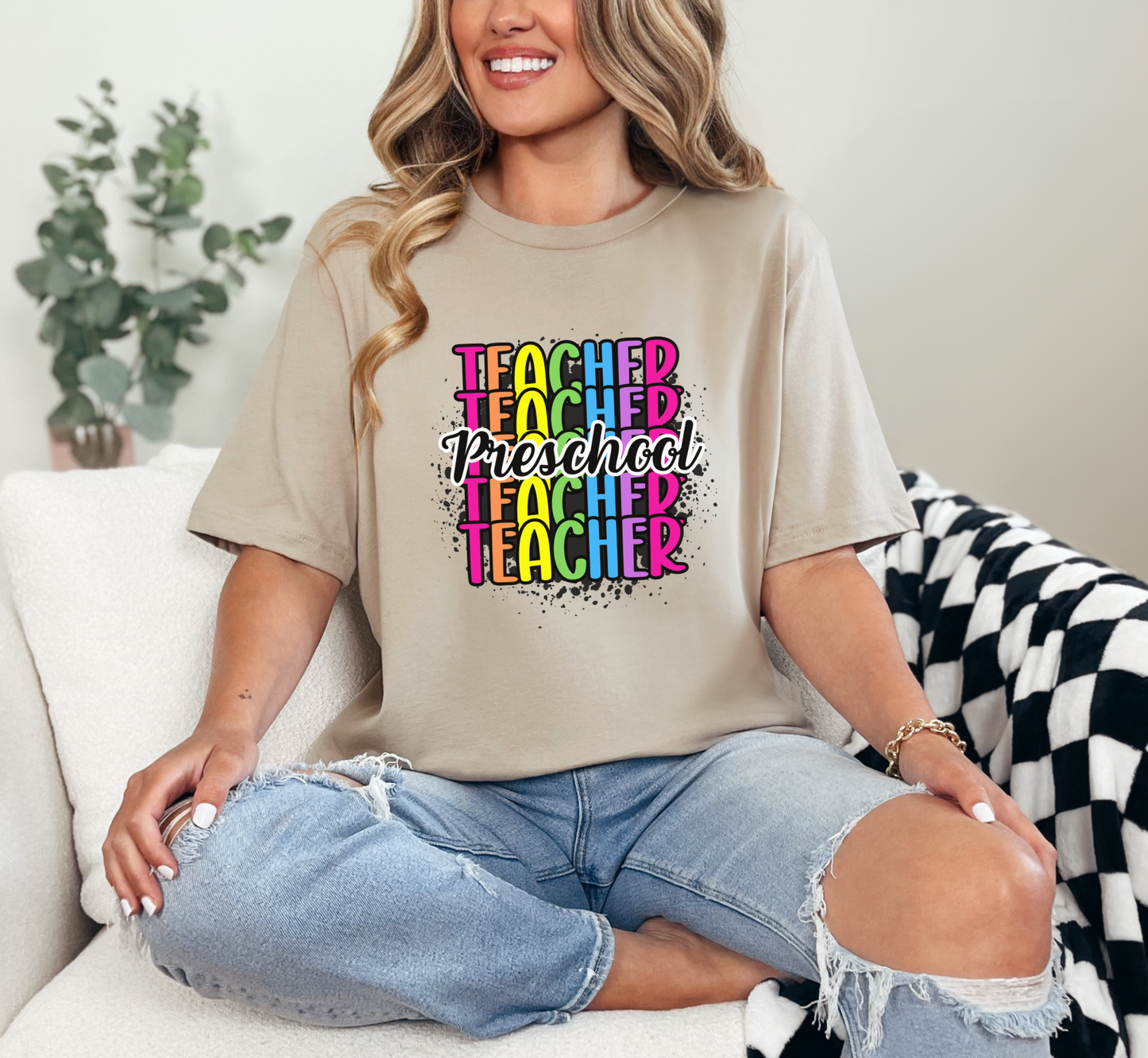 Preschool Teacher Rainbow Paint Splatter Tee, Pre-K Teacher T-Shirt, Grade Level Tee, Teacher Gift