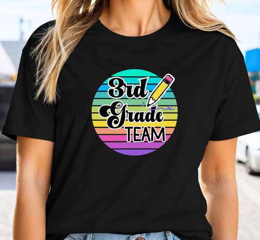 Retro Rainbow Third Grade Team Tee, 3rd Grade Teacher Shirt, Grade Level Team T-Shirt